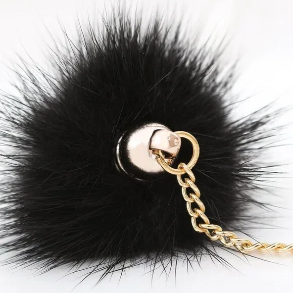 Trendy Rabbit Fur Pom Pom Earrings with Stylish Gold Chain - Statement Jewelry - Picture 4 of 4